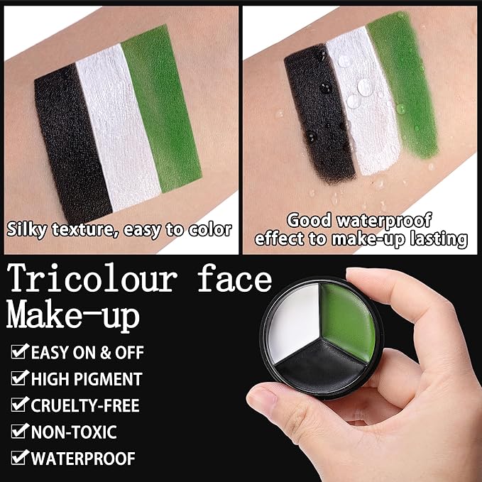 EBaokuup 3 Set Black White Green Face body Paint,3 Colors Witch Makeup Kit with Sponge and Brush,Halloween Formula Face Paint for Party Special Effect Makeup Cosplay Costume