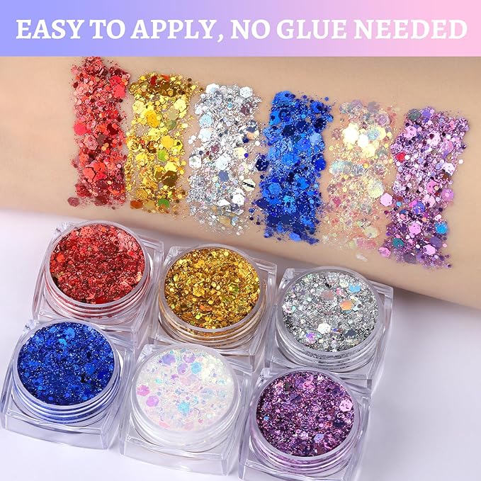 Teenitor Body Glitter Face Glitter Hair Glitter for Kids Women, 6 Colors Face, Body Hair Glitter Gel, Makeup Glitter for Halloween, Mermaid Makeup, Festival Birthday Party