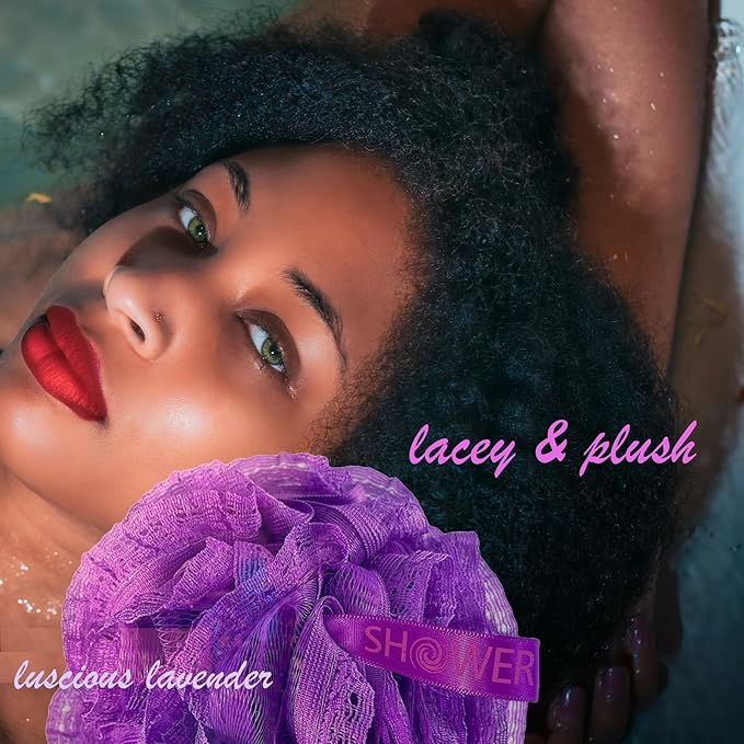 Loofah-Bath-Sponge Hot-Lacey-Mesh // 4-Sexy-Lace-Colors by Shower Bouquet / 2-Scrubs-in-1 Large Full 60g Pouf Body Luffa Loofa Loufa Puff - Exfoliate, Cleanse Skin with Luxurious Bathing Accessories