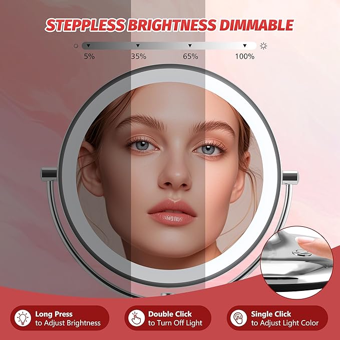 Magnifying Makeup Mirror with Light: 9" Large 1X/10X Lighted Makeup Mirror, Double Sided Vanity Tabletop Mirror 360°Rotation & Adjustable Brightness, Type-C Charging & Touch Switch on Base, Chrome