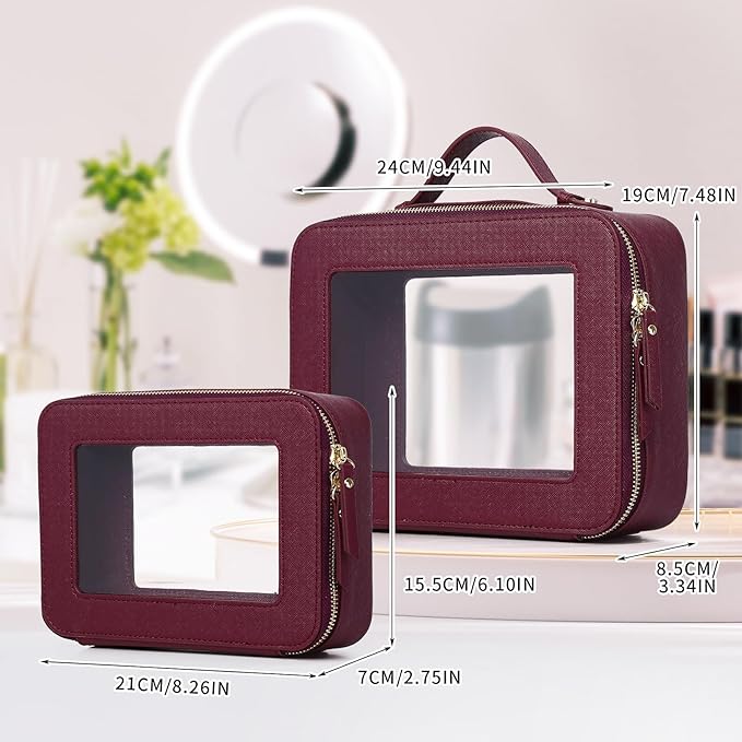 Pinkmik Clear Makeup Bag for Women Waterproof Travel Cosmetics and Toiletries Case Portable Makeup Oaganizer Bag Clear Car Bag with Zipper (X/Burgundy, M+L)