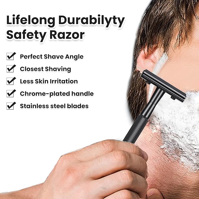 Double Edge Safety Razor With 10 Premium Stainless Steel Blade Reusable Safety Razors For Men Shaving Razor, Smooth Wet Shave Experience, Gun Black