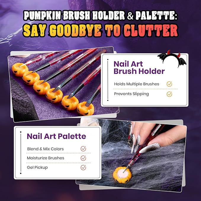 Beetles Halloween Nail Art Brushes, Blood Entwined Nail Art Pens 6pcs with Pumpkin Palette Holder Halloween Charms Manicure Design Dotting Tools Draw Liner Gradient French Brushes DIY Nails Supplies