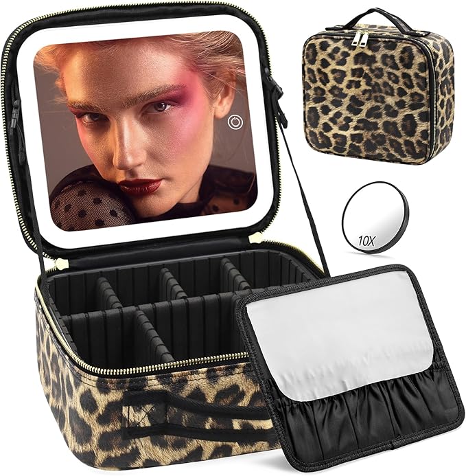 Makeup Bag with Light Up Mirror, Lighted Travel Makeup Organizer 3 Colors Adjustable Brightness, Makeup Bag with Mirror and Light, Travel Train Case Portable Cosmetic Bag for Women(Leopard)