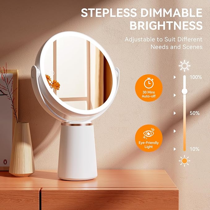 Makeup Mirror with Lights, Double Sided 30X/1X Magnifying Mirror, 3 Color Stepless Dimmable Mirrors with Touch Screen, 2000 mAh Rechargeable 360° Free Standing Vanity Mirrors for Women