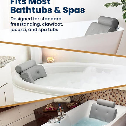 Everlasting Comfort Luxury Bath Pillows for Tub with Head and Neck Support - Non-Slip Bathtub Pillow with Suction Cups, Quick-Drying Mesh & Drying Hook - Jacuzzi & Spa Accessories for Women - Gray