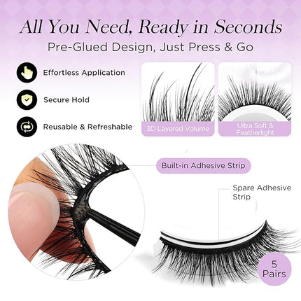 BEYELIAN Self Adhesive Eyelashes Reusable, Pre Glued Eyelashes No Glue Need Press on Lashes, Wispy Natural Look Faux Mink False Eyelashes 5 Pairs ZCV-188
