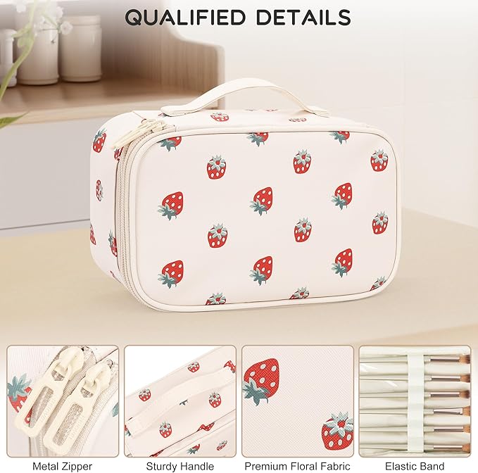 Relavel Makeup Bag, Small Makeup Bag for Women, Travel Cosmetic Bag, 2 Layers Waterproof Makeup Organizer Storage with Makeup Brush Holder, White Straberry