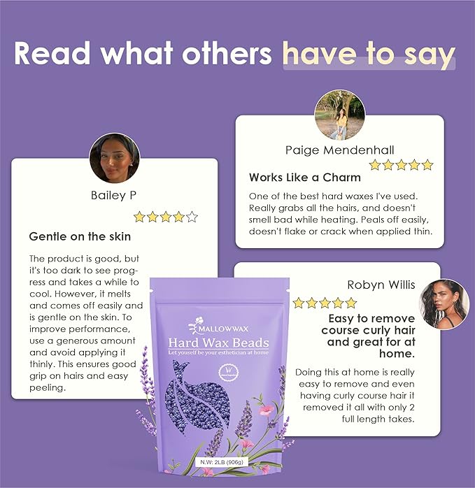 Lavender - Wax Beads for Hair Removal - Natural & Hypoallergenic Formula - Stripless Refillable 2LB - Ideal for At-Home Use and Sensitive Areas