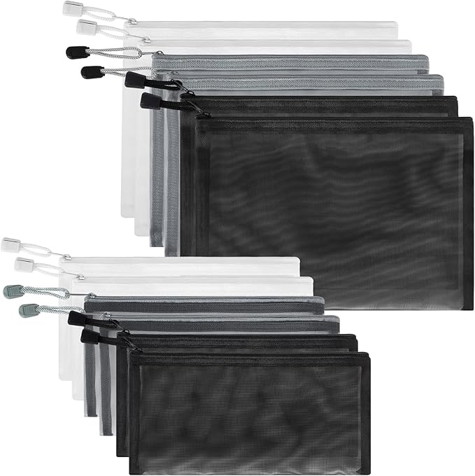12 Pieces Zipper Nylon Mesh Pouch, Mesh Cosmetic Bags Makeup Bags Pencil Case, Multipurpose Travel Bags for Cosmetic School Office Supplies and Travel Accessories (Black,White,Grey, A5+B6)