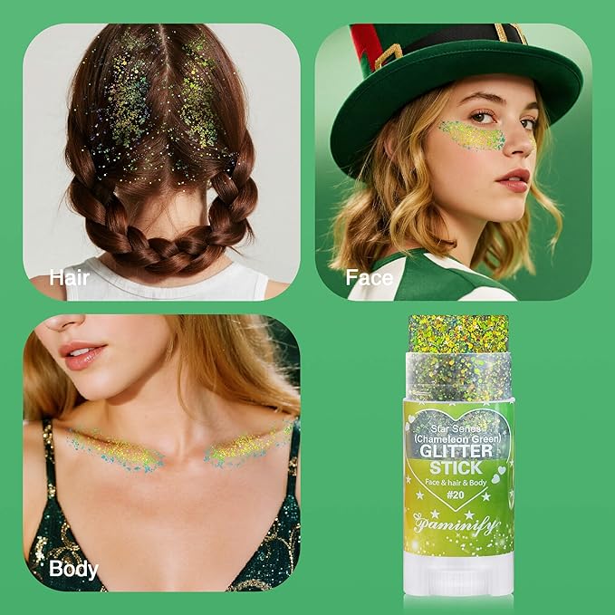 Chameleon Green Body Hair Glitter Stick,Gold Green Face Glitter St Patricks Day Accessories,Waterproof Shimmer St Patrick's Day Outfit for Women,Mardi Gras Rave Singer Concert Makeup