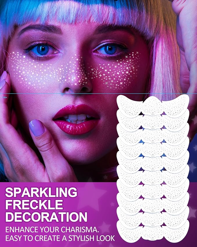 Face Glitter Freckles, Silver Tattoo Makeup Patches, Stardust Speckles Sparkle Beauty Waterproof Fake Freckle for Holiday Dance Music Party Makeup - 10 Count