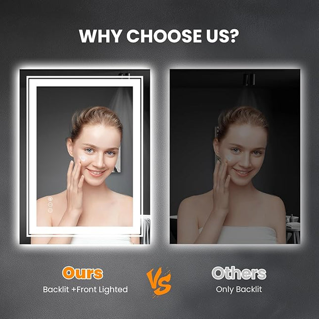 LED Bathroom Mirror, 20"x28" Mirror with Front and Backlit, Anti-Fog, Bathroom Vanity Mirror for Wall, Memory, Stepless Dimmable, Tempered Glass (Horizontal/Vertical)