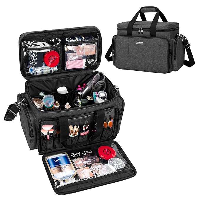 BAFASO Large Makeup Bag Cosmetic Bag with Removable Dividers, Travel Makeup Case Holds Cosmetics and Hair Supplies, Black