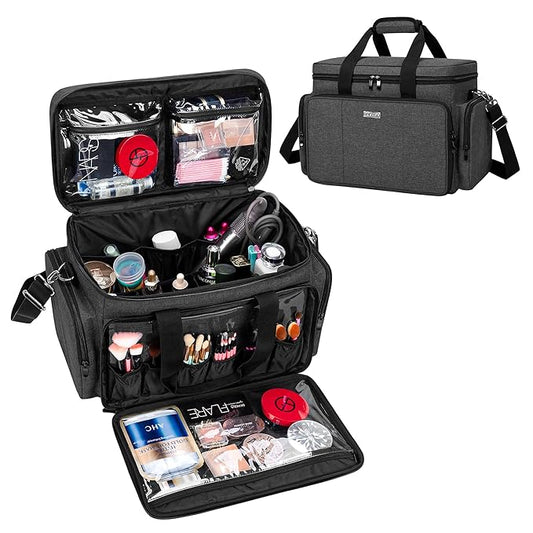 BAFASO Large Makeup Bag Cosmetic Bag with Removable Dividers, Travel Makeup Case Holds Cosmetics and Hair Supplies, Black