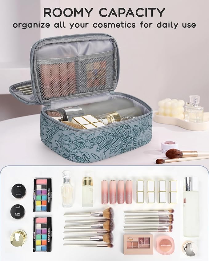 Relavel Cute Makeup Bag for Girls, Portable PU Leather Cosmetic Bag, Dual-layer Makeup Pouch with Brush Holder, Multi-Functional Preppy Toiletry Organizer for Travel, Daily Use - Flora Butterfly