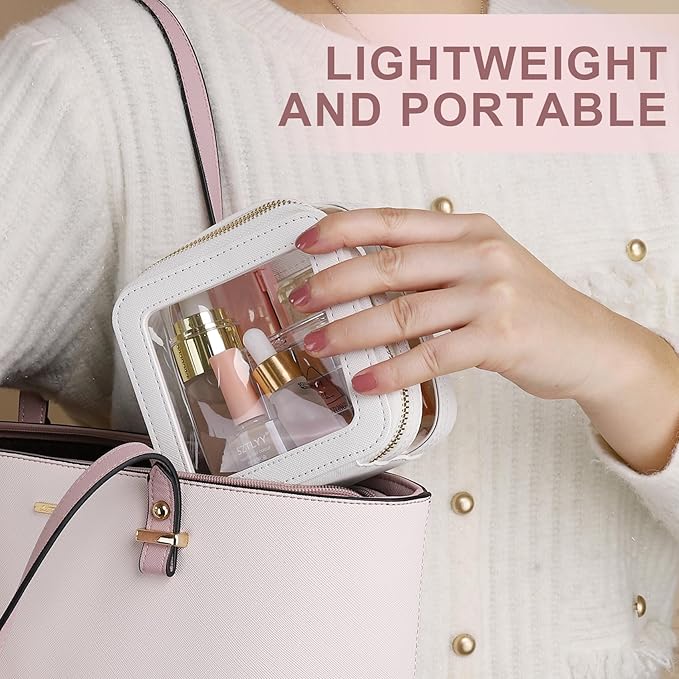 Pinkmik Clear Makeup Bag with Zipper Waterproof Travel Makeup Set for Cosmetics and Toiletries Women's Purse Organizer and Car Essentials (White, M+MINI-1)