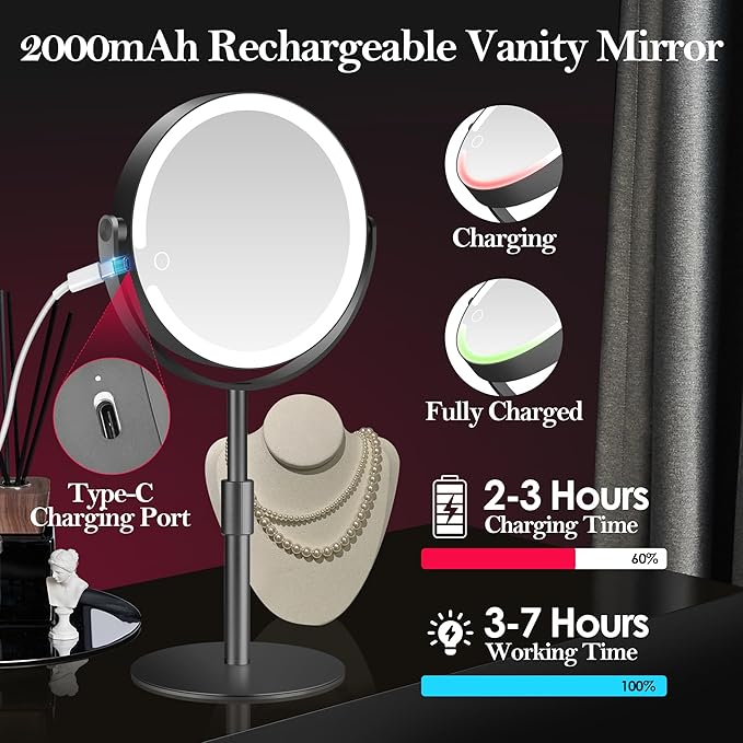 Led Makeup Mirror with Lights, 20X Magnifying Mirror, Rechargeable Magnified Makeup Mirror with 360°Rotation & Height Adjustable, Detachable Vanity Mirror(Black)