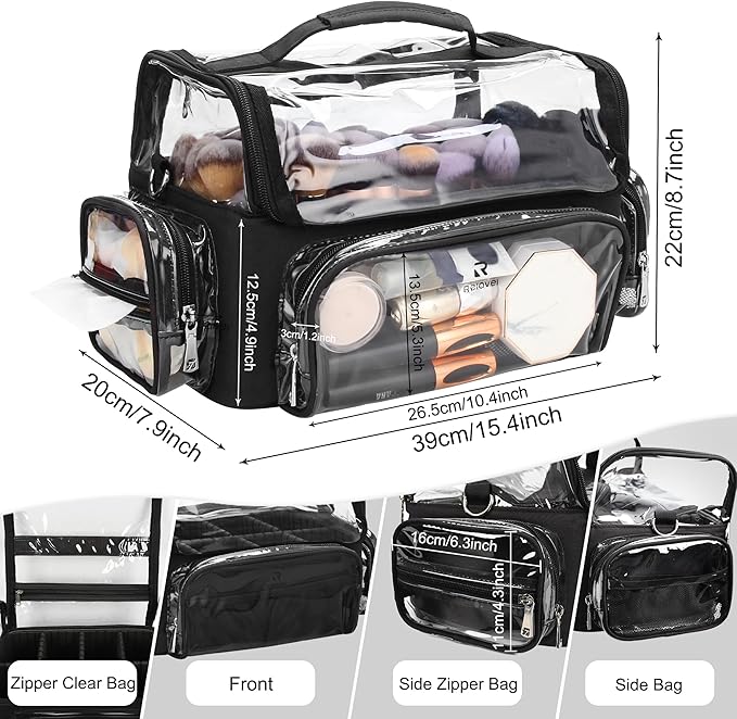 Makeup Brush Case, Clear Extra Large Cosmetic Organizer Holder Professional Makeup Artist Train Case with Adjustable Dividers&Strap Portable Makeup Brush Holder (02A-Black（XX Large）)