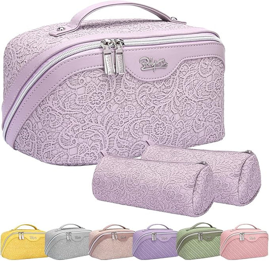 BOYATU Travel Makeup Bags for Women: Vegan Leather Cosmetic Bag Set of 3 - Large Capacity Make up Bag with Divider - Wide Open Waterproof Toiletry Organizer Bag with Handle (L12-Violet)