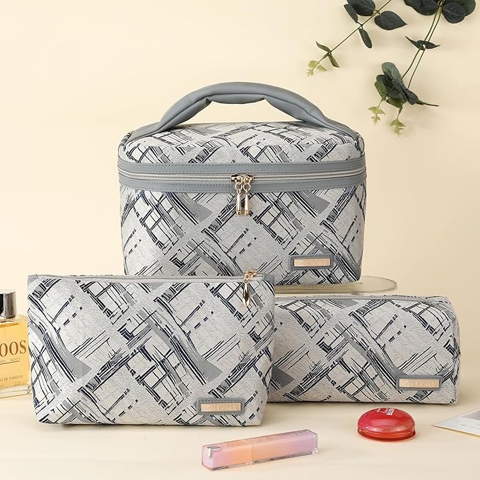 Richeart 3PC Makeup Bag Set, Cationic Jacquard Large Cosmetic Organizer, Back-Coated Solvent-Free Travel Toiletry Bag for Women - Gray
