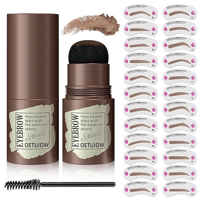 Eyebrow Stamp and Eyebrow Stencil Kit, Eye Brow Stencil Kit for Beginners 24 Reusable and Washable Eyebrow Shaping Kit, Brow Stencil and Stamp Kit Smudge-Proof & Long-Lasting (Medium Brown)