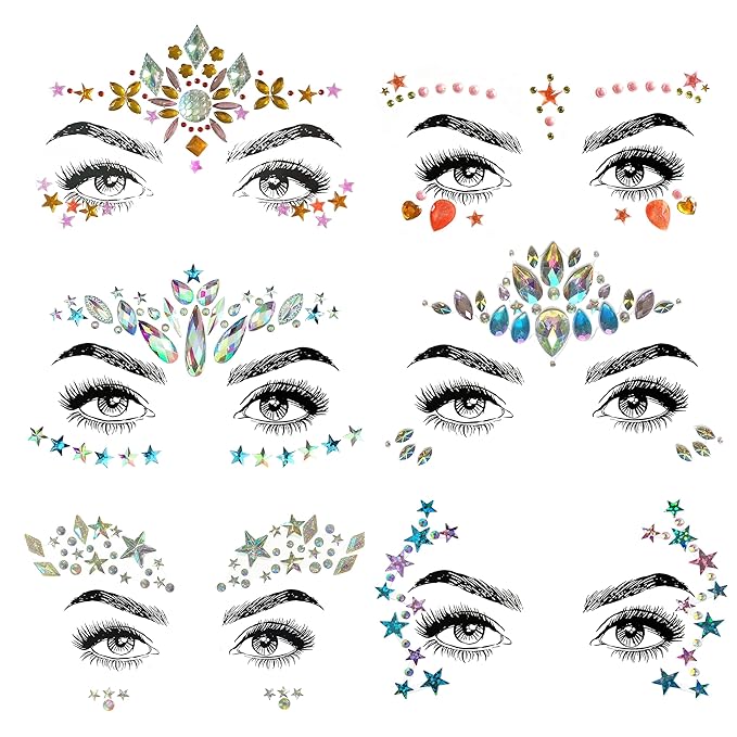 6 Pcs Festival Party Face Jewels, Rhinestone Face Gems, Halloween Music Festival Birthday Rave Carnival Party Face Stickers