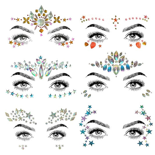 6 Pcs Festival Party Face Jewels, Rhinestone Face Gems, Halloween Music Festival Birthday Rave Carnival Party Face Stickers