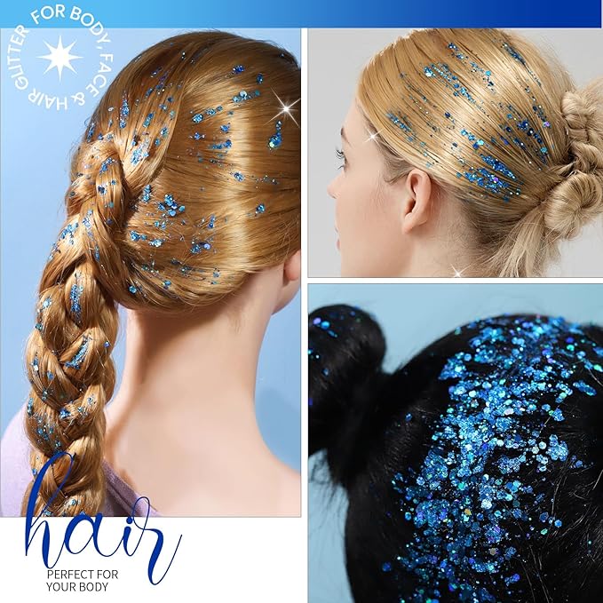 Teenitor Face Glitter, 2pcs Blue Body Glitter Gel, 20g/0.7oz Makeup Glitter for Face, Body, Eye, Hair Glitter Gel, Blue Glitter in 2 Sizes
