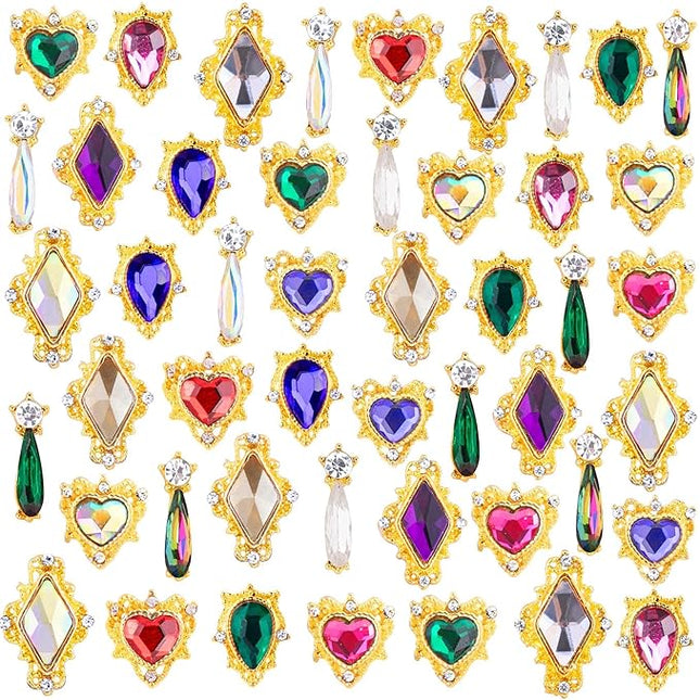 PAGOW 48Pcs Nail Art Heart Drop Rhinestones for Nails, Mix Sizes AB Iridescent 3D Crystals Diamonds Nail Art Heart Drop, Charms Metal Alloy Gold Rhinestone Nail Charms for Crafts DIY Nail Decorations