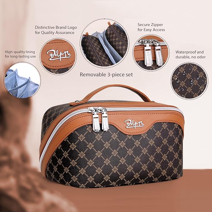 BOYATU Travel Makeup Bag Cosmetic Bags for Women: 3 Pcs Set Large Portable Make up Bag with Handle - Vegan Leather Toiletry Bags with Compartments - Makeup Organizer for Travel Essentials(01-Coffee)