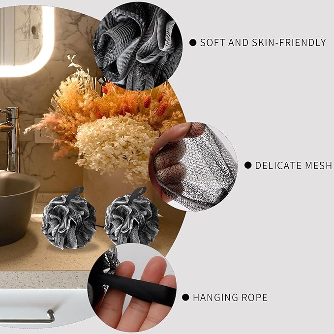 Bath Loofah Shower Sponge Body Back Scrubber Soft Mesh Shower Puffs Exfoliating Loofa for Women & Men Bath Accessories Cleaning Tool (4Pack 60G Black, Charcoal Black)