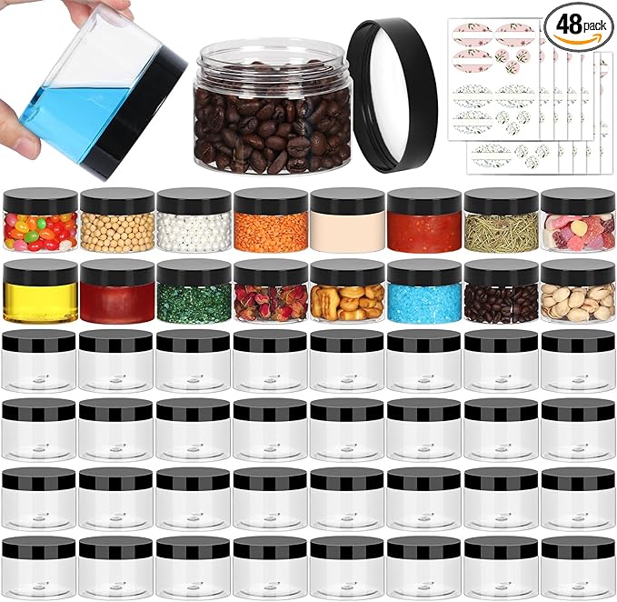 Clear 4 oz Plastic Jars with Lids & Labels - Refillable Cosmetic Small Containers with Black Screw Lid/Slime Containers (4 fl.oz, 48Pack)