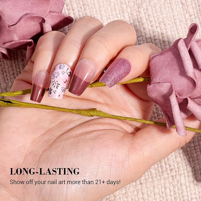 MelodySusie Semi Cured Gel Nail Strips (Garden Flowers), 20 PCS French Tips Gel Nail Stickers, Gel Nail Wraps, UV Light Required, Durable and Salon Quality