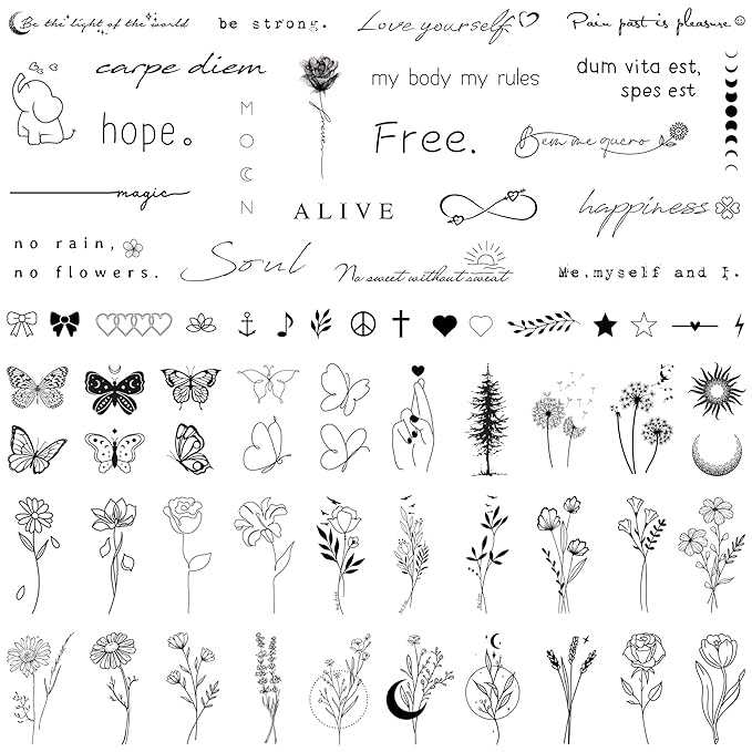 Realistic Temporary Tattoos for Women - 60 Sheets Tiny Small Removable Adult Fake Tattoos,185 Pcs Minimalist Waterproof Inspirational Quotes Words Wild Flower Floral Bouquet Adults Tattoo Stickers