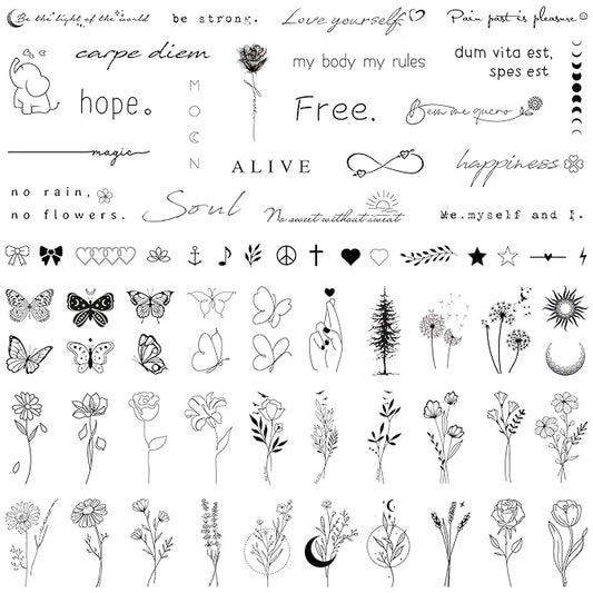 Realistic Temporary Tattoos for Women - 60 Sheets Tiny Small Removable Adult Fake Tattoos,185 Pcs Minimalist Waterproof Inspirational Quotes Words Wild Flower Floral Bouquet Adults Tattoo Stickers