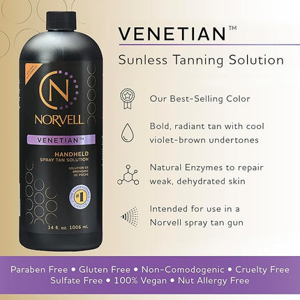Norvell Premium Spray Tan Solution Venetian 1 Liter – Professional Sunless Tanning Formula for Natural Bronze Glow, Streak-Free, Fast-Drying, Long-Lasting Color