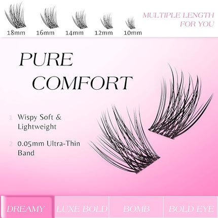 VEYESBEAUTY Lash Clusters Individual Eyelash Extensions Thin & Invisible Band DIY False Eyelashes for Self-application Newbie's Five-Second Series Wispy Lash Tray, Dreamy 14mm Single Length