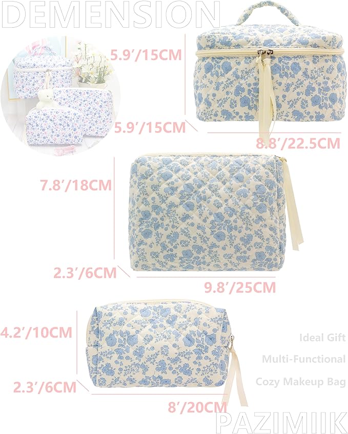 PAZIMIIK 3PCS Makeup Bag SET Large Travel Quilted Zipper Soft Cosmetic Case Pouch for Women Girls Make Up,Little Flower Blue