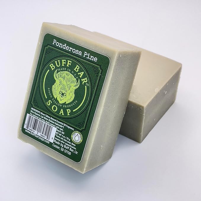 Bison Tallow Buff Soap Bar, Ponderosa Pine, (2 pack) - Scents of Pine, Cypress & Cedar - Cleans, Moisturizes, Soothes, Hydrates - No Dyes, Chemicals, or Preservatives