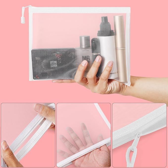 12 Pieces Zipper Nylon Mesh Pouch, Mesh Cosmetic Bags Makeup Bags Pencil Case, Multipurpose Travel Bags for Cosmetic School Office Supplies and Travel Accessories (White, A5)