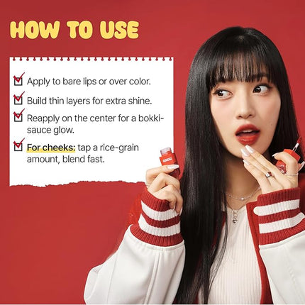 BLACK ROUGE Glow Bokki Tint, GB02 Burnt Tomato – Korean Lip Tint Inspired by Tteokbokki, Non-Sticky Long-Lasting Lip Stain with Glossy Finish, Cute Stickers – Original Red, Rose, Soy