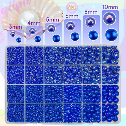 qiipii 2 Styles Solid Blue+Royal Blue AB Flatback Pearls w B7000 Glue for Bedazzling Crafting 3mm-10mm Half Round Beads Gems Bedazzler Kit for Nails Face Eyes Makeup Tumblers Bottles DIY Crafts Shoes