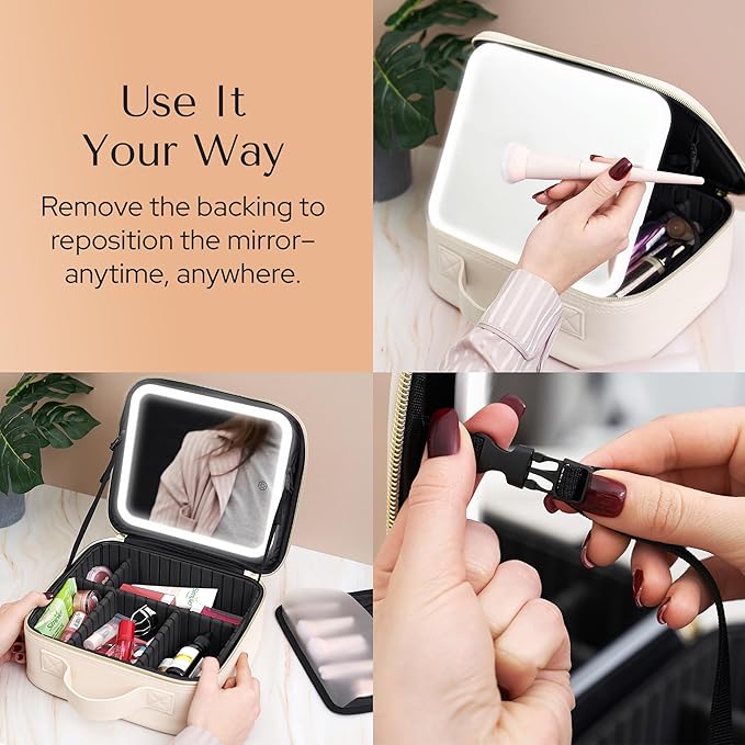 Makeup Bag with LED Mirror – Travel Cosmetic Organizer with Lighted Mirror, Adjustable Dividers & Brush Holder Storage – Portable PU Leather Makeup Case for Women & Girls - Cream