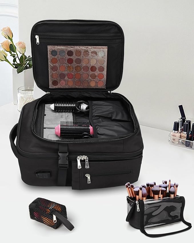 Relavel Professional Makeup Case Makeup Backpack and Makeup Brush Case for Makeup Artists, Durable Water-resistant Material, with Shoulder Strap and Adjustable Dividers Black