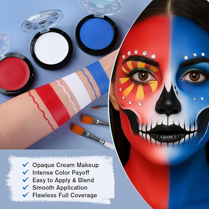 US Flag Red White Blue Joker Face Body Paint with Brushes for Halloween & 4th of July USA Independence Day America’s Patriotic Parades, Face Painting Kit for Kids Adults Devil Dress-Up Costume Cosplay