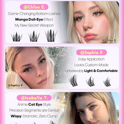 ALICE Lash Clusters Kit Natural Anime Eyelash Clusters Kit 10-14mm Wispy Manga Cluster Eyelash Extension Kit Sipky Clear Band Individual Cluster Lashes with 5-7mm Bottom Lashes Bond and Seal