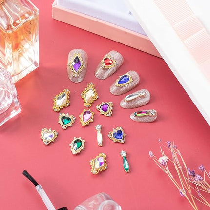 PAGOW 48Pcs Nail Art Heart Drop Rhinestones for Nails, Mix Sizes AB Iridescent 3D Crystals Diamonds Nail Art Heart Drop, Charms Metal Alloy Gold Rhinestone Nail Charms for Crafts DIY Nail Decorations