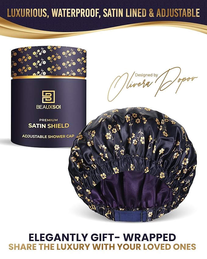 Luxury Reusable Shower Cap for Women - Satin Lined, Adjustable & Waterproof - Keeps Hair Dry- Durable Hair Bonnet by BEAUXSOI (Fleur de Nuit) - Floral design