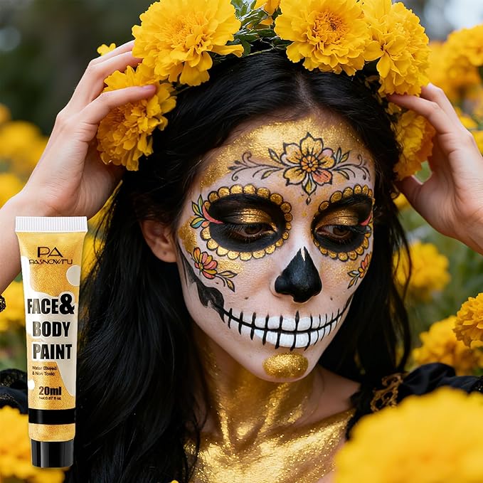 Golden Face Body Paint - Professional Water-Based Non-Toxic Body Painting for Metallic Halloween SFX Cosplay, Full Coverage Washable Paint for Costume Party Carnival Stage Performance